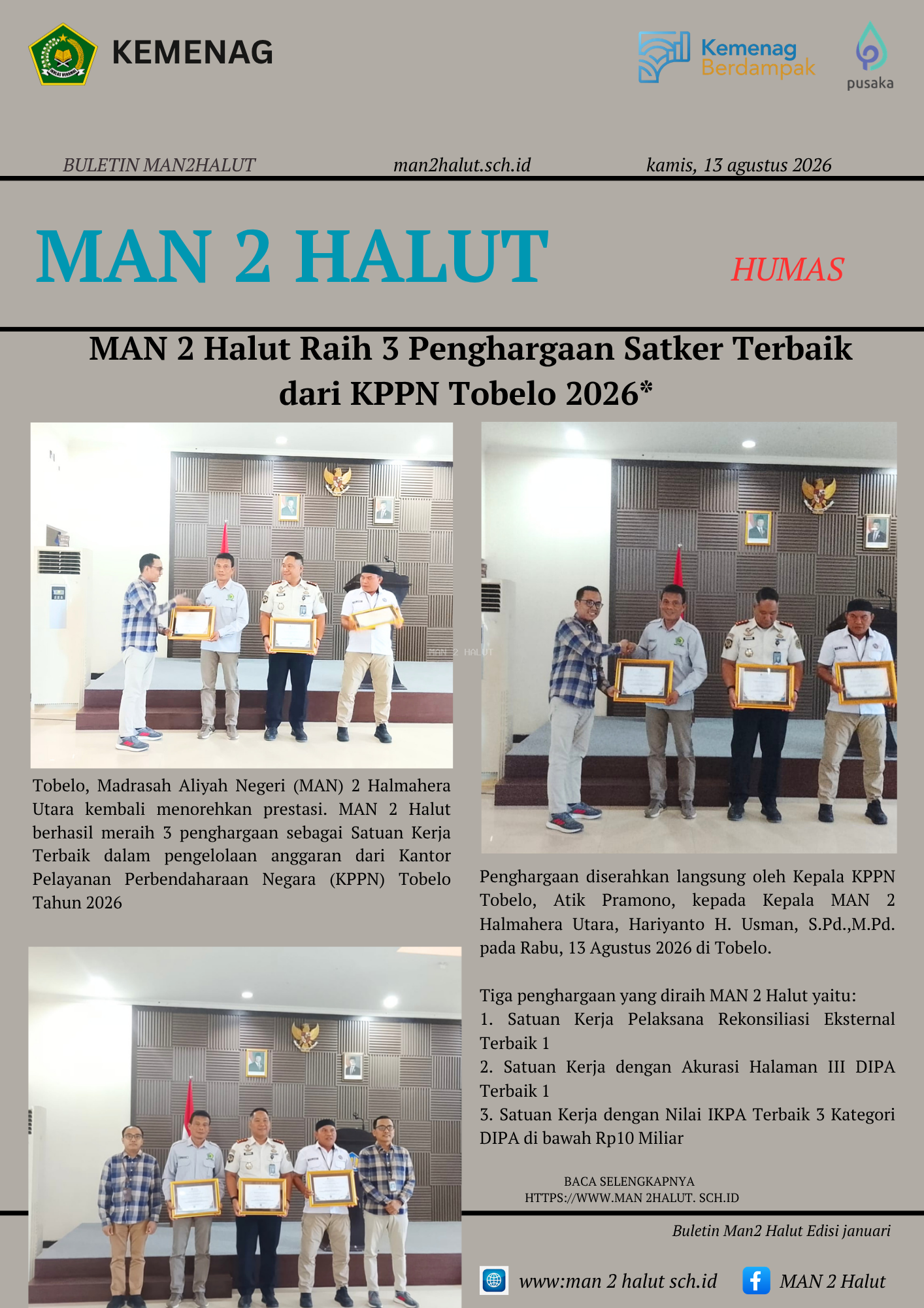 MAN 2 Halut Raih 3 Penghargaan Satker Terbaik dari KPPN Tobelo 2026